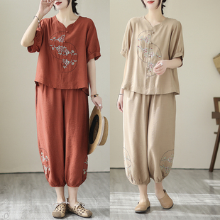 2026民族风天丝麻刺绣套装女夏季宽松大码显瘦T恤+裤子两件套