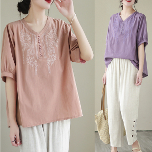 2026夏季韩版大码遮肉显瘦棉麻刺绣上衣亚麻洗水裤休闲套装女