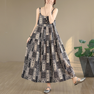 棉麻连衣长裙女 2026胖mm印花吊带裙子宽松大码