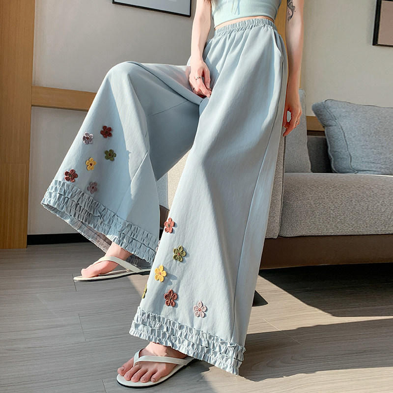 2026文艺宽松彩色花朵休闲阔腿裤夏季新款花边设计感减龄直筒长裤