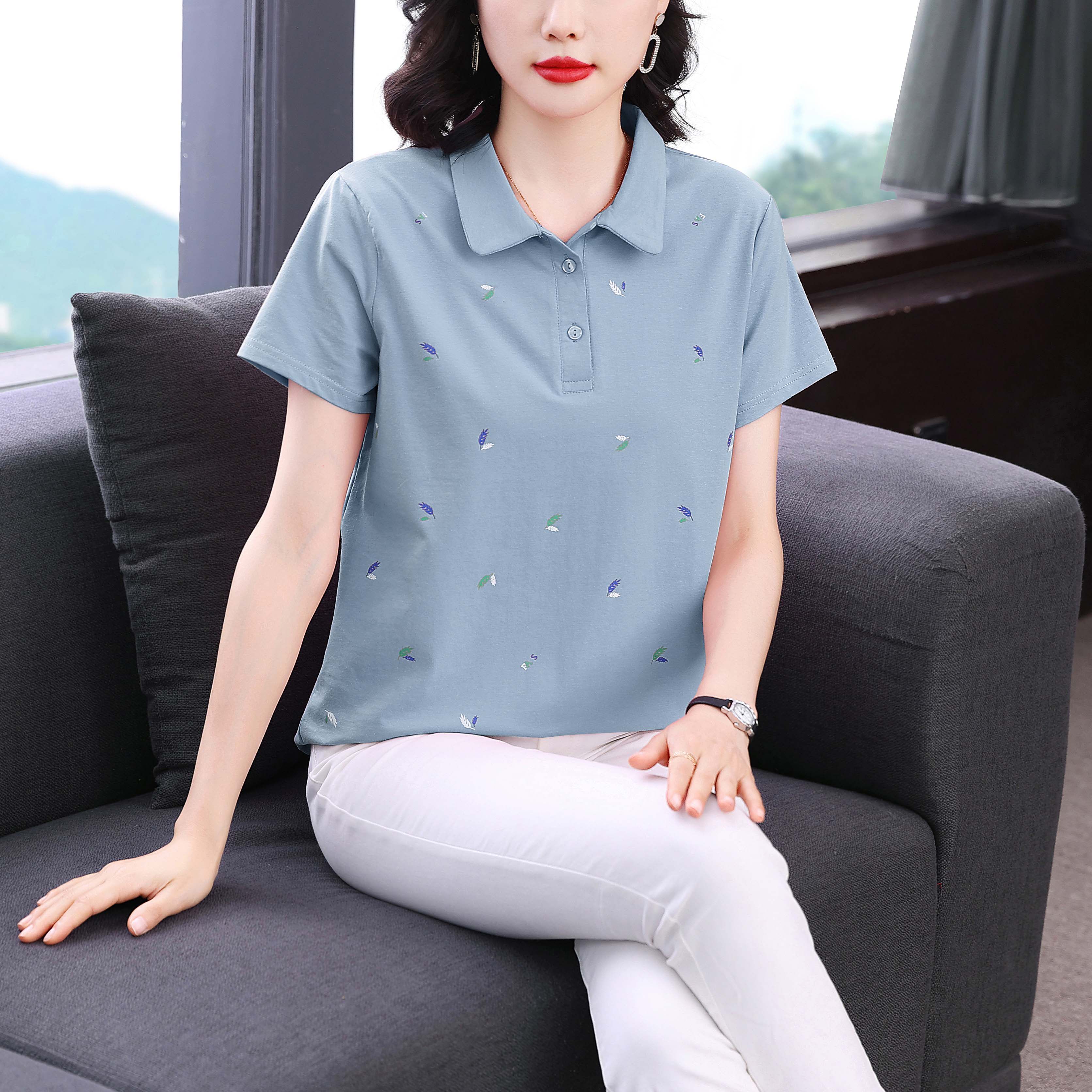 2026夏季新款短袖t恤女宽松韩版大码中年妈妈上衣休闲运动polo衫