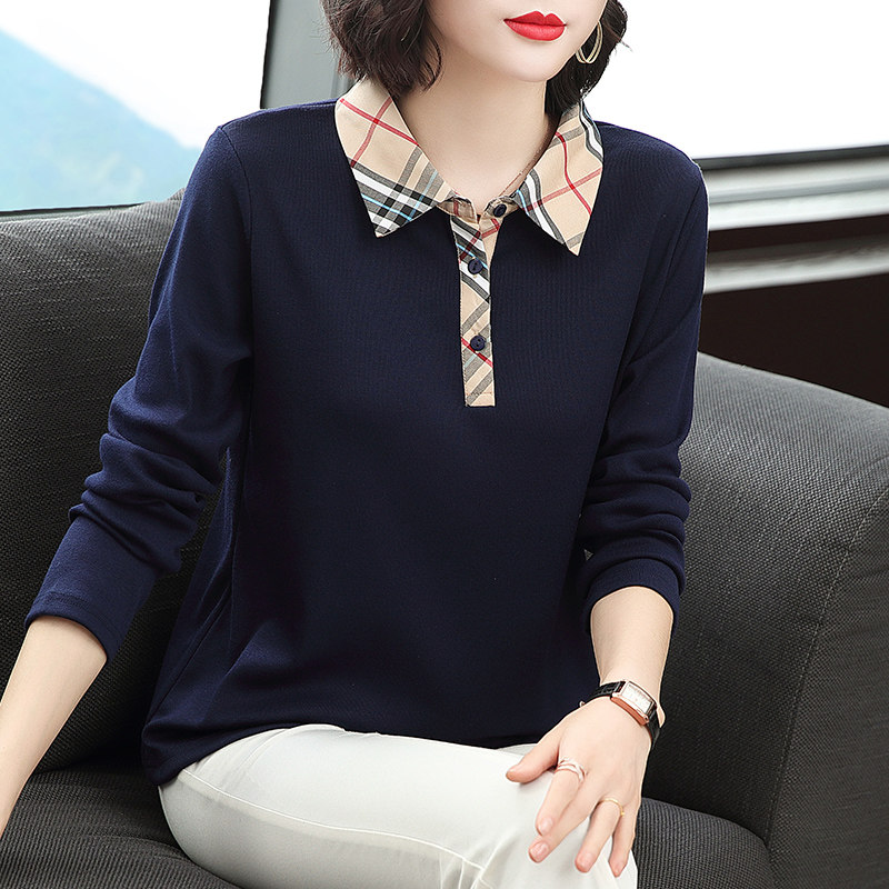 2026年春装新款小衫翻领全棉纯棉长袖t恤女宽松中年妈妈有领上衣