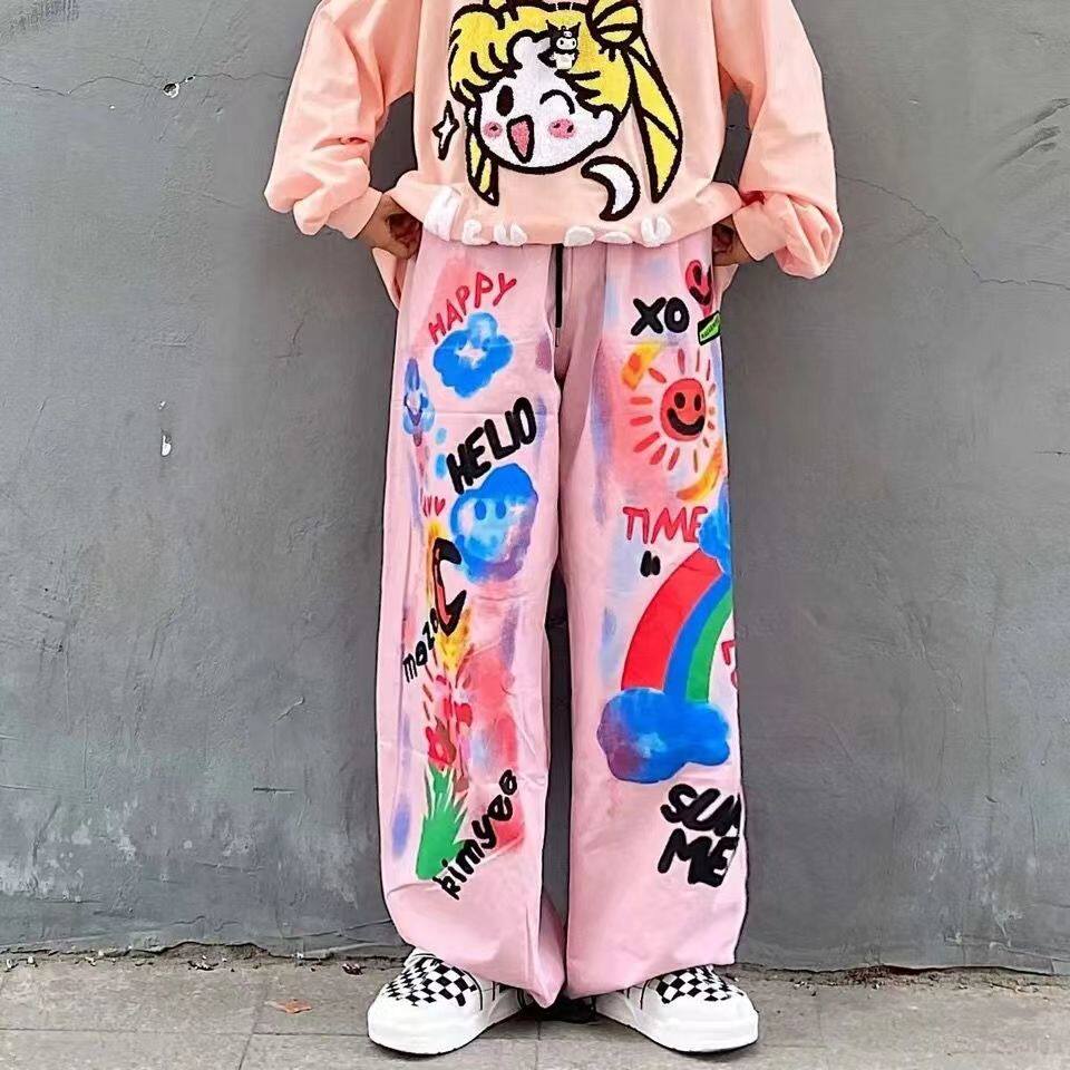 涂鸦阔腿裤bf风宽松直筒嘻哈休闲