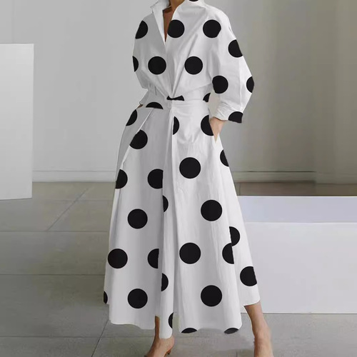 European and American dress, new commuting fashion POLO collar shirt skirt, long-sleeved elastic waist, big swing dress