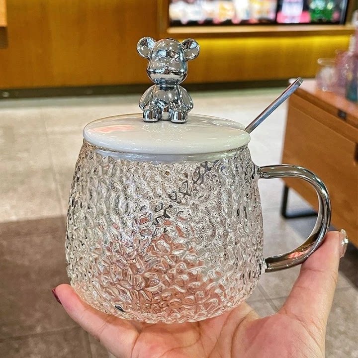 可爱小熊玻璃杯带盖勺女生高颜值喝水杯子大容量马克杯情侣咖啡杯