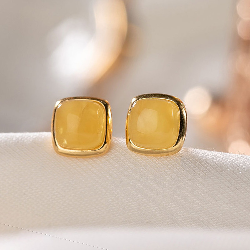 承悦 通勤招财 纯银蜜蜡耳钉 天然琥珀耳饰 简约百搭几何方形耳夹