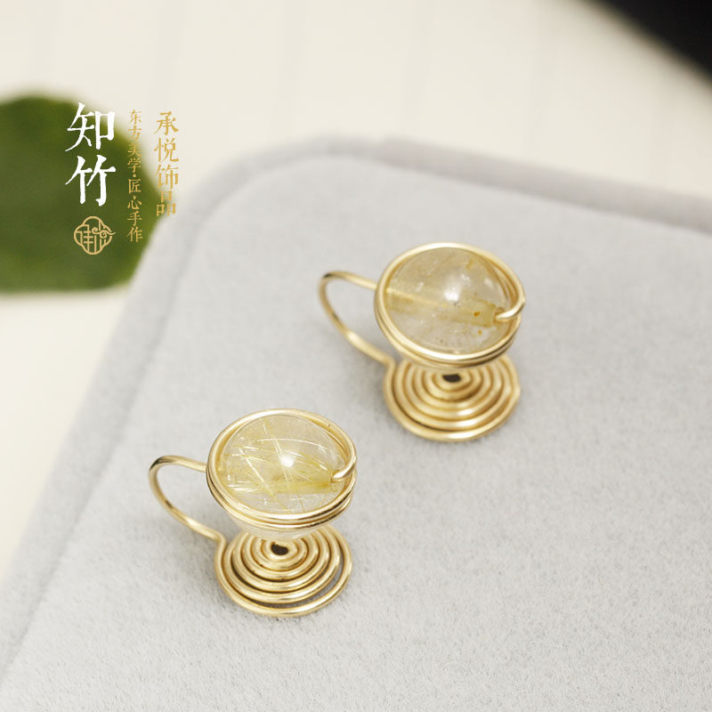 14K金包金耳夹金发晶招财耳饰无耳洞耳夹聚财无痛耳环黄水晶耳环