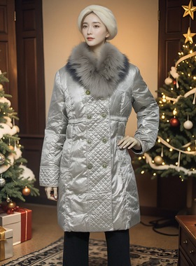 女装精品银灰色羽绒服冬季保暖加厚中长款貉子毛领精致做工超值