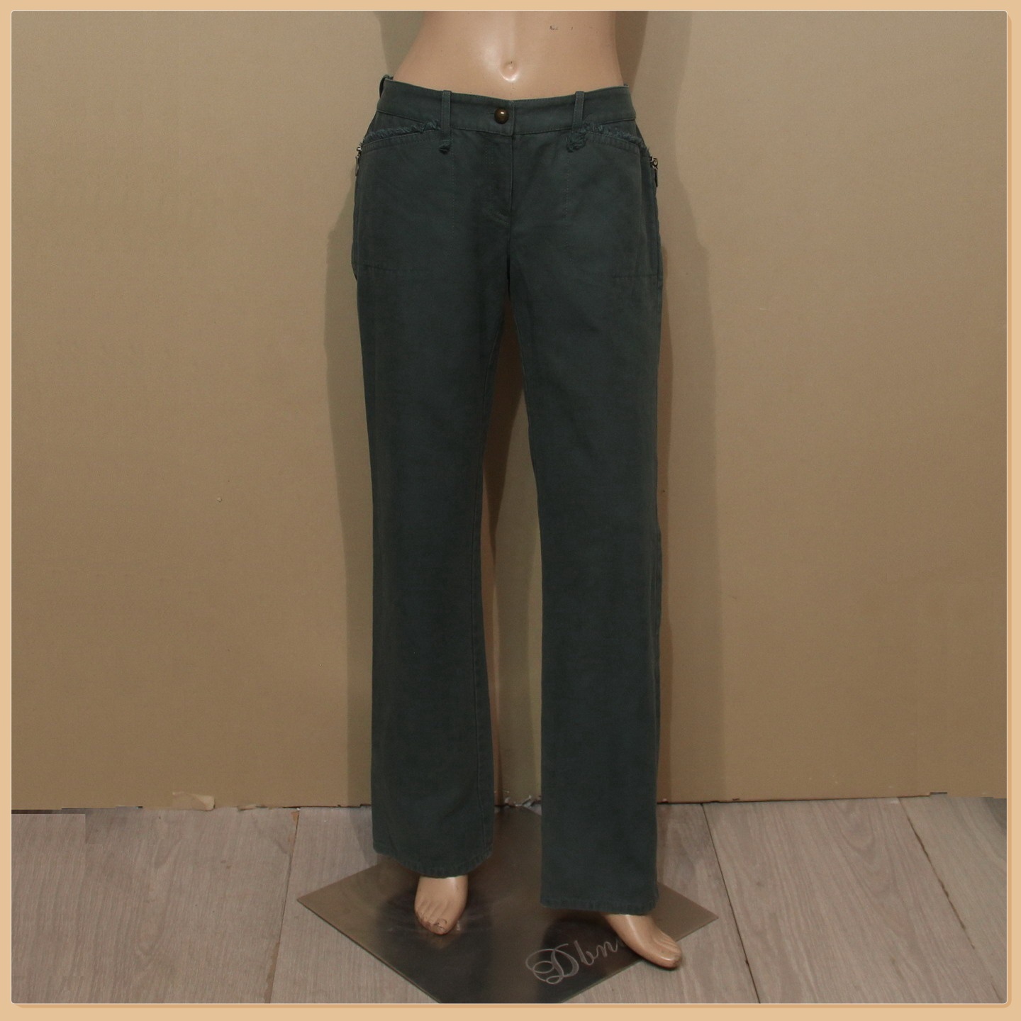 品牌公司样衣女装迪妮墨绿色纯棉休闲直筒长裤秋冬季中腰高性价比