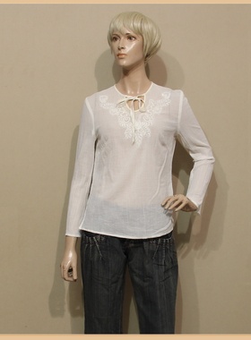 品牌公司样衣女装白色纯棉绣花薄款套头衫夏季长袖超值特惠