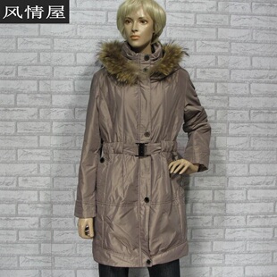 依兰ELANIE女装卡其色棉衣冬季保暖貉子毛中长款领腰带拉链连帽