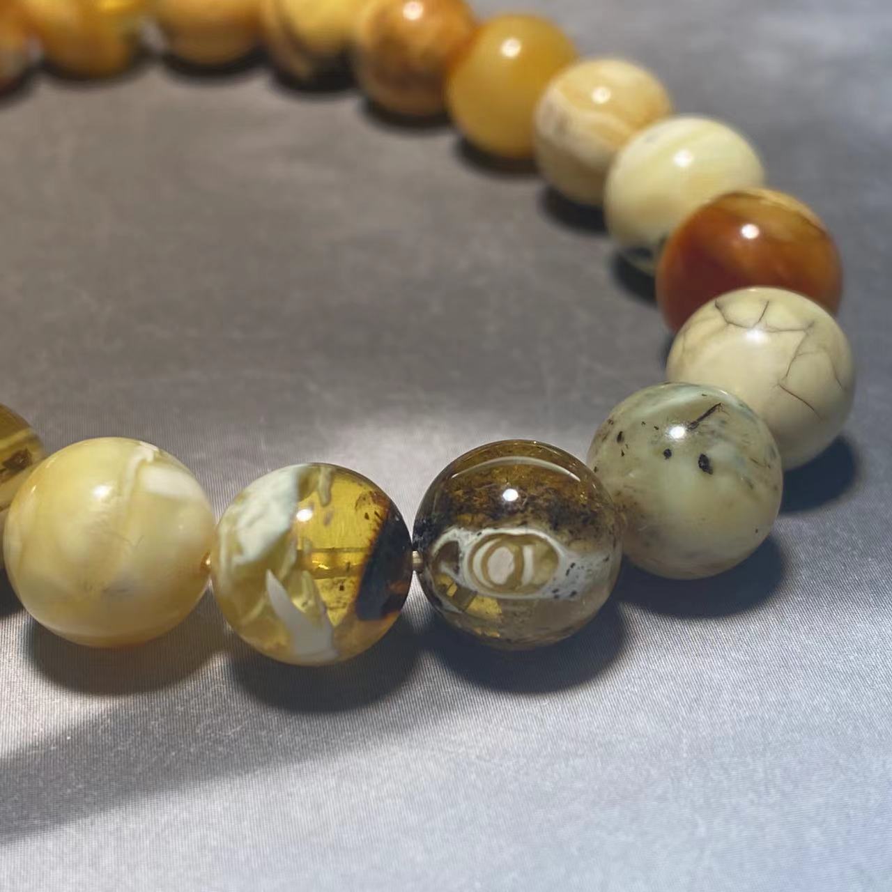 天然蜜蜡手链俄实花蜡手串女 蜜蜡单珠手串妖花白蜡奥米奥