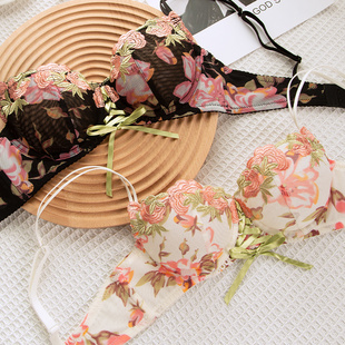 超薄大胸显小文胸透明性感纯欲刺绣 法式 内衣女小胸聚拢夏季 薄款