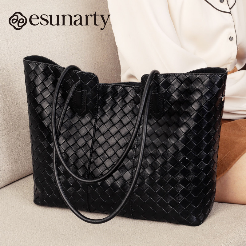 头层牛皮大容量编制女包单肩包