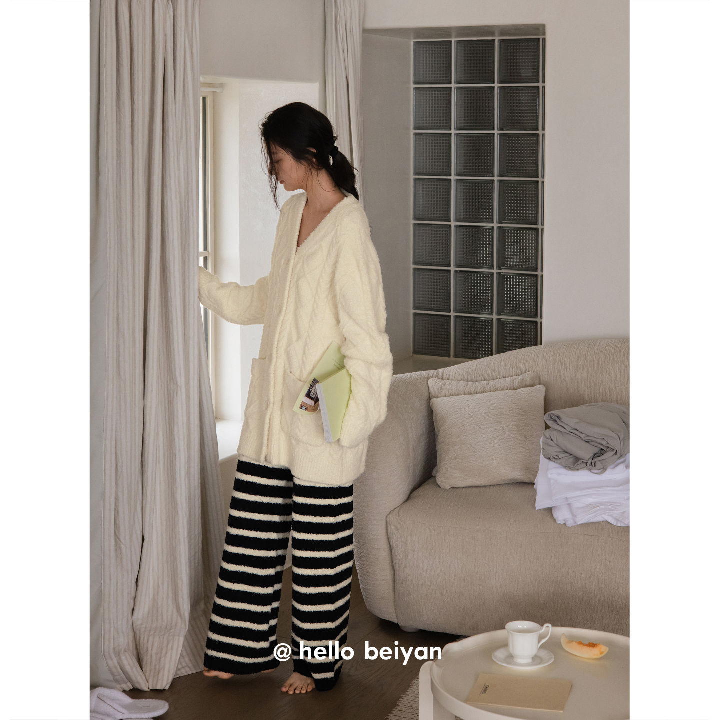 珊瑚绒睡衣秋冬新款柔软半边绒家居服女士套装休闲大码中长款上衣