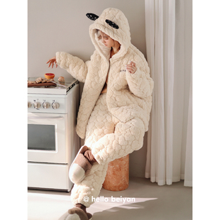 睡衣冬季 女加绒加厚珊瑚绒夹棉家居服女士可外穿连帽保暖棉袄套装