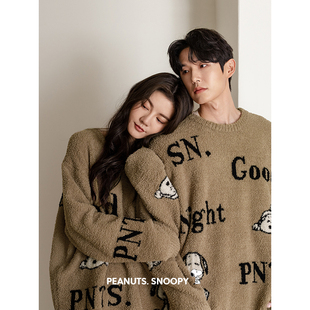 套装 珊瑚绒情侣睡衣秋冬女款 休闲保暖半边绒家居服贝妍史努比男士