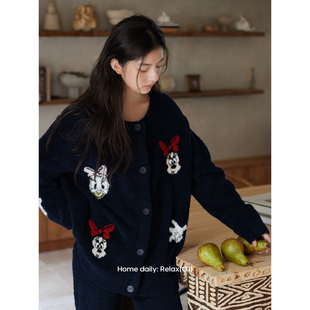 家居服可爱卡通套装 保暖半边绒开衫 可外穿 新款 女士珊瑚绒睡衣冬季