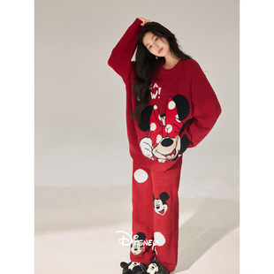 迪士尼红色睡衣女款秋冬保暖半边绒可爱卡通宽松家居服珊瑚绒套装
