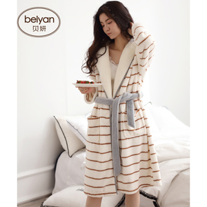 贝妍冬季珊瑚绒情侣睡衣韩版连帽家居服女保暖睡袍男士法兰绒浴袍