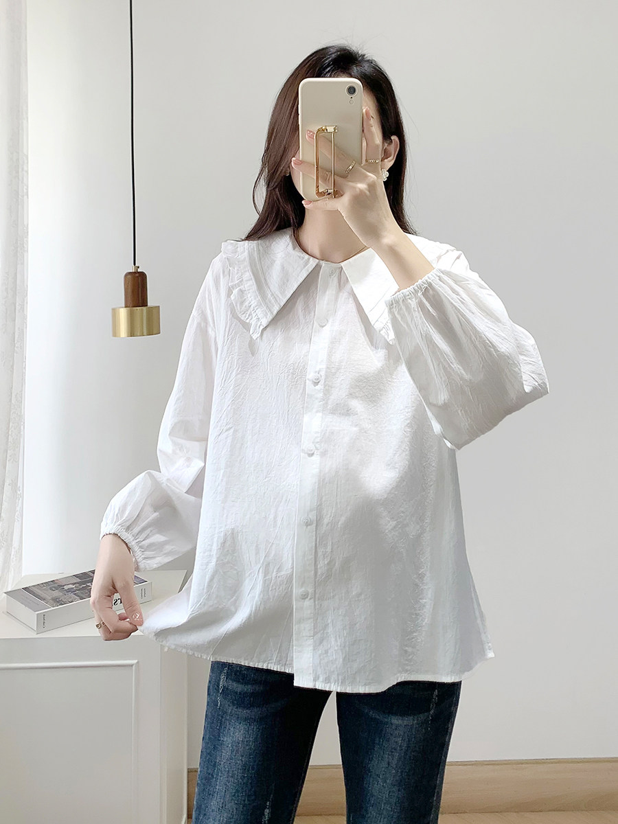 MATERNITY SHIRT SPRING AND AUTUMN CLOTHES PLUS SIZE LONG SLEEVE BABYDOLL COLLAR WHITE TOP LOOSE LAPEL BABYDOLL SHIRT BASE SHIRT