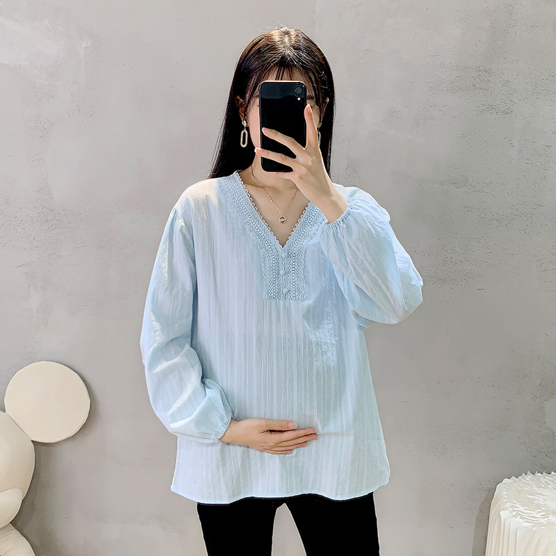 출산 봄 가을 셔츠 긴팔 순수 코튼 V 넥 레이스 대형 루즈 다용도 탑 한국 스타일 패션베이스 셔츠