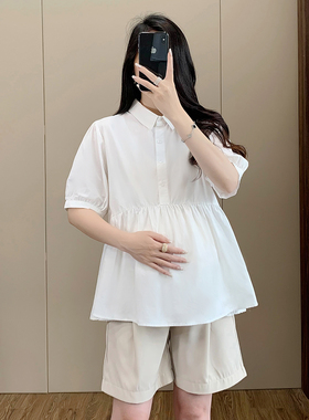 孕妇娃娃衫夏季新款短袖大码宽松白色气质上衣时尚百搭休闲衬衣