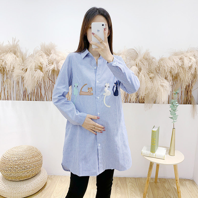 신상 임부복 셔츠 봄 가을 블루 스트라이프 중장 라펠 탑 패셔너블한 대형 루즈 스트라이프 다용도 셔츠 스커트