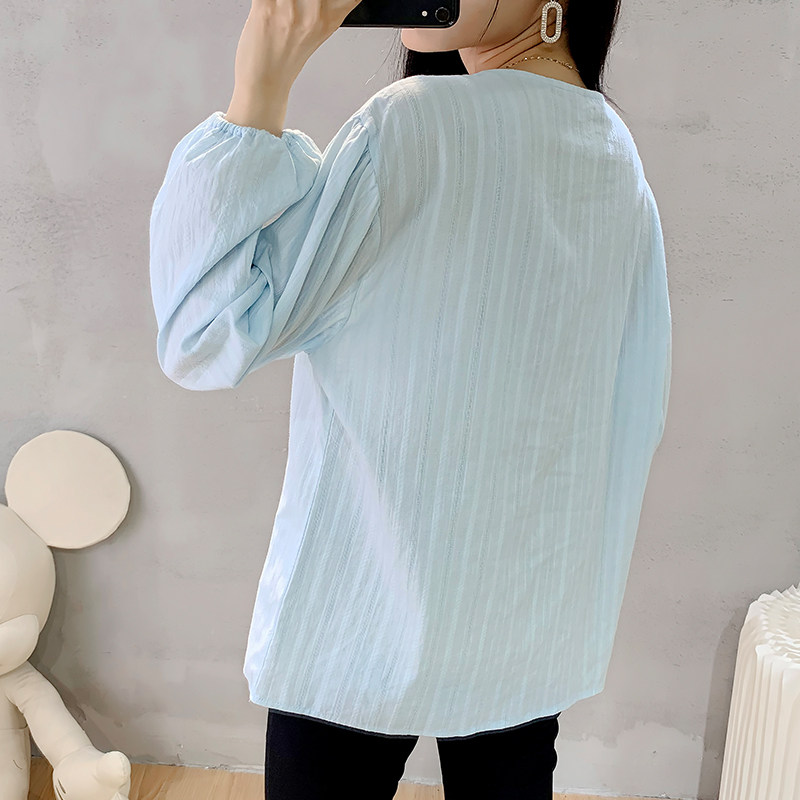 출산 봄 가을 셔츠 긴팔 순수 코튼 V 넥 레이스 대형 루즈 다용도 탑 한국 스타일 패션베이스 셔츠