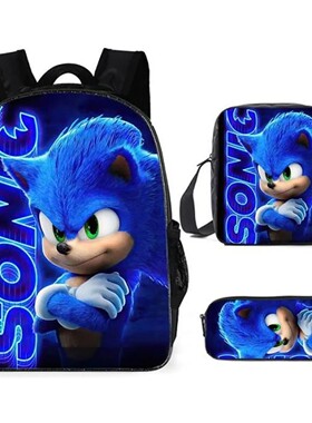 跨境热销SONIC索尼克小学生书包三件套动漫卡通背包单肩包笔袋