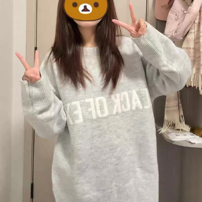 美式灰色圆领套头针织毛衣