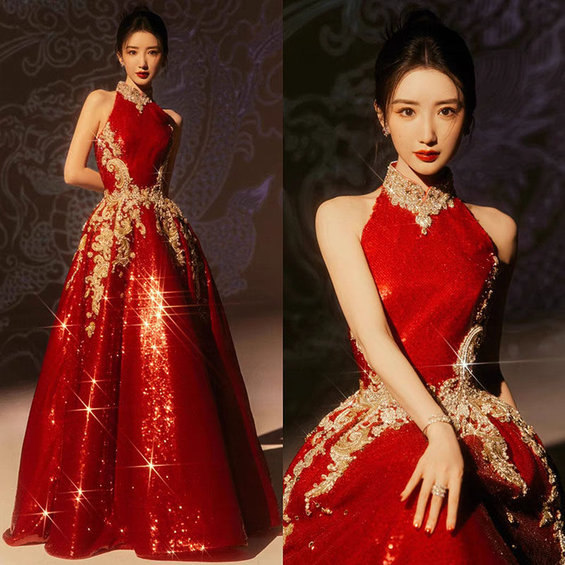2024春晚毛晓彤同款中式密版亮片主持独唱蓬蓬裙 新娘订婚连衣裙