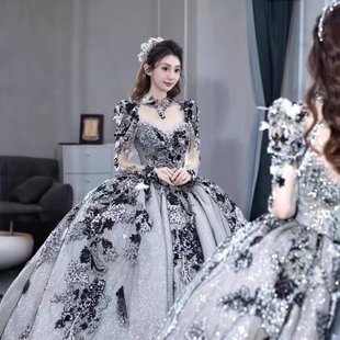 定制2025黑色新娘主婚纱重工奢华大拖尾宫廷风酒店草坪婚礼晚礼服