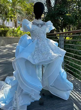 儿童蓝色前短后长奢华亚特兰蒂斯十岁生日公主裙模特走秀钢琴礼服