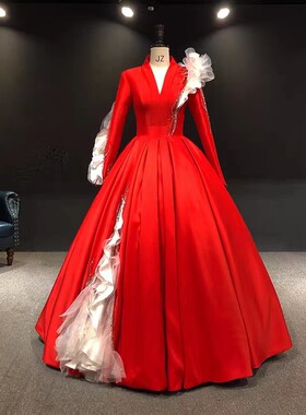 2026新款美声独唱音乐会唱歌礼服 红色长袖深V主持人钢琴指挥服装