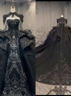 出租 定制2026黑色新娘大码婚纱酒店大拖尾主纱 影楼拍照旅拍写真