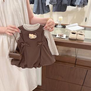 打底衫 女童秋季 焦糖猫咪背心裙花苞裙长袖 2025女宝宝韩版 两件 套装