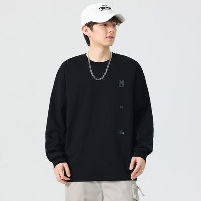 south life春秋百搭季字母印花长袖T恤男士宽松日系复古圆领T恤潮