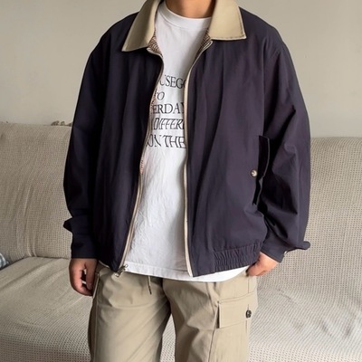 south life春日系双面穿拼接皮领哈灵顿夹克休闲男士宽松外套男女