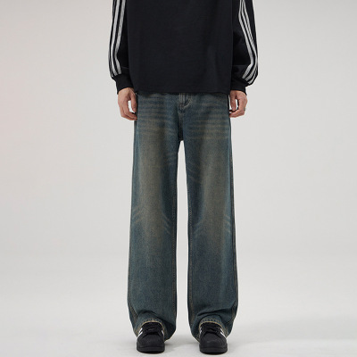 south life秋冬美式复古水洗直筒牛仔裤男加绒加厚款宽松保暖长裤