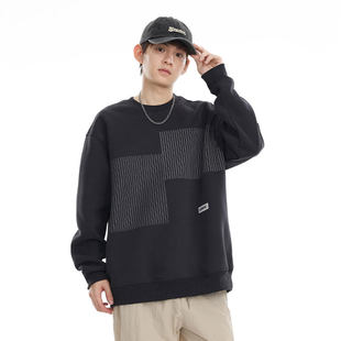 south life春秋日系百搭不对称条纹印花宽松圆领卫衣套头内搭上衣