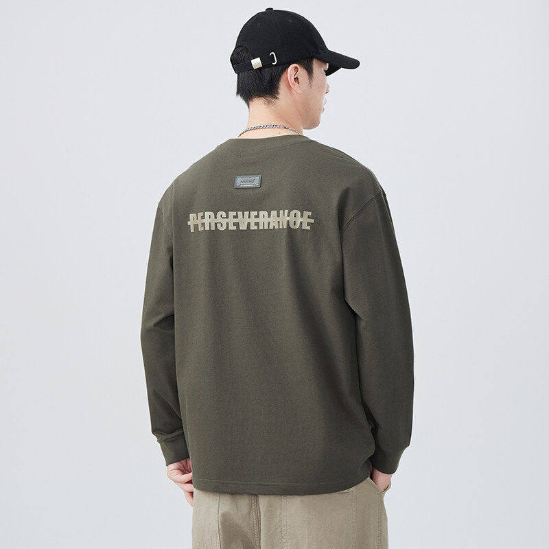 south life日系简约长袖T恤男士圆领宽松日系复古字母刺绣体恤