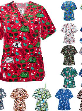 2021 nurse outfit Christmas print shirt v-neck short-sleeved