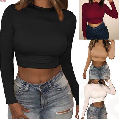 Short slim long sleeved t-shirt bottoming blouse for women女