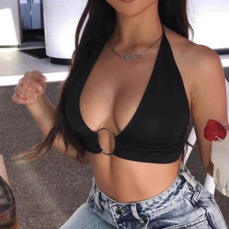 小众性感深V无钢圈气质紧身挂脖小背心露背短上衣小衫绷带比基尼