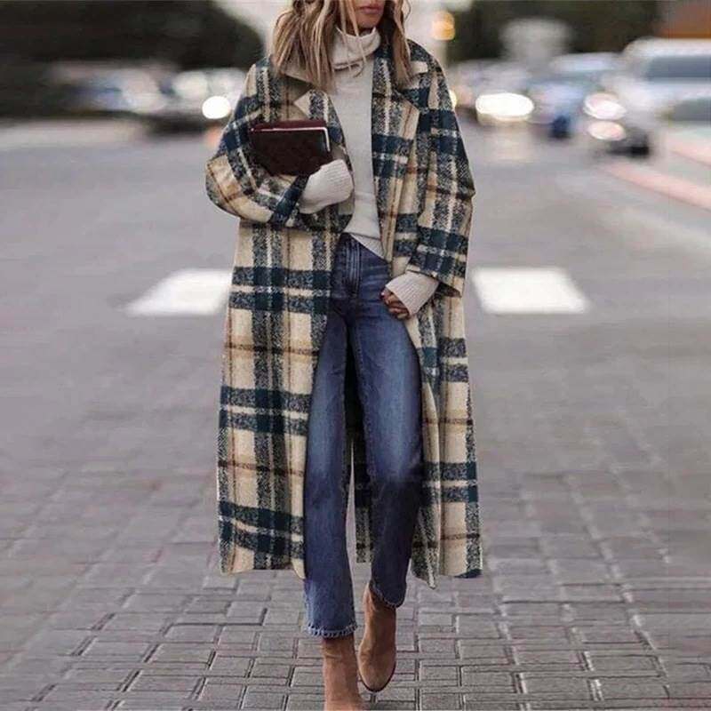 Printed woolen coat新款欧美女装休闲长袖翻领外套印花呢子大衣