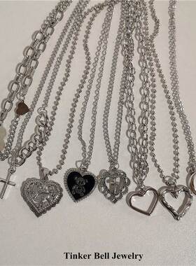 Kpop Goth Silver Color Heart Cross Pendant Chain Necklace Fo