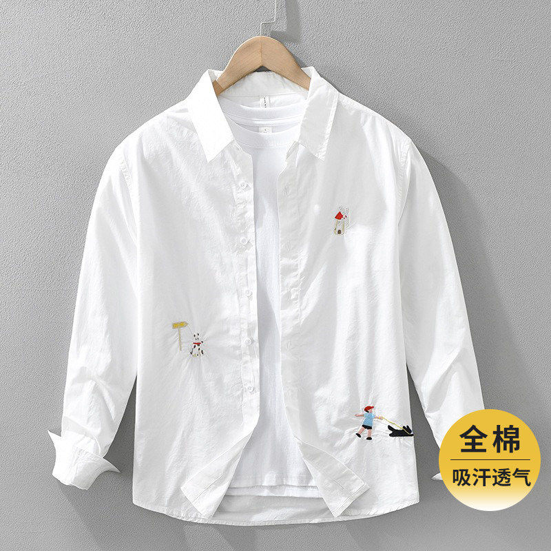 衬衫外套男款长袖春夏季薄款纯棉100%全棉透气刺绣白色休闲风衬衣图片