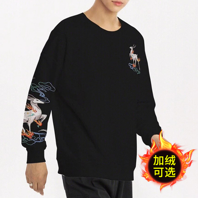 卫衣男秋冬加绒加厚圆领无帽重磅纯棉国潮刺绣一男一女爆款情侣装