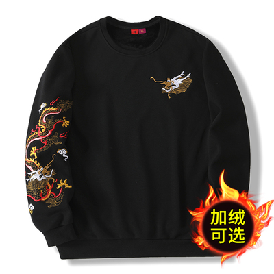 中国风龙纹刺绣卫衣男款加绒加厚春秋冬宽松圆领纯棉黑色国潮男装